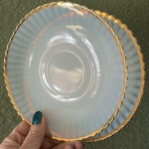 Macbeth-Evans Monax Petalware Saucer Pair Opalescent Milk Glass Gold Trim